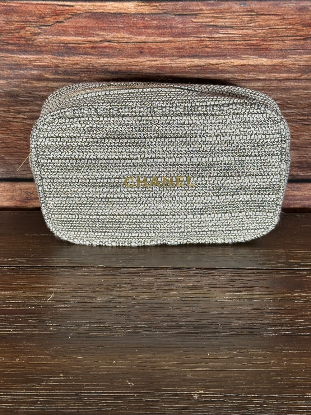CHANEL Metallic silver and gold Gold-Logo Cosmetic Pouch